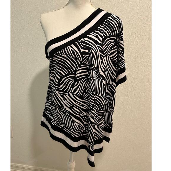 Michael Kors Womens Zebra Border-Print One Shoulder Blouse BlackWhite Large New - Picture 1 of 8
